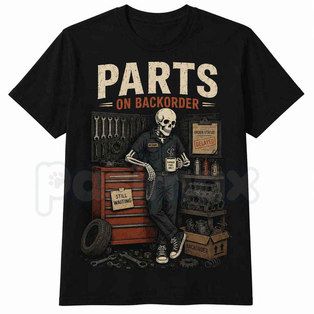 Waiting On Parts Funny Skeleton Auto Mechanic T-Shirt – Technician Humor Unisex Cotton Graphic Tee