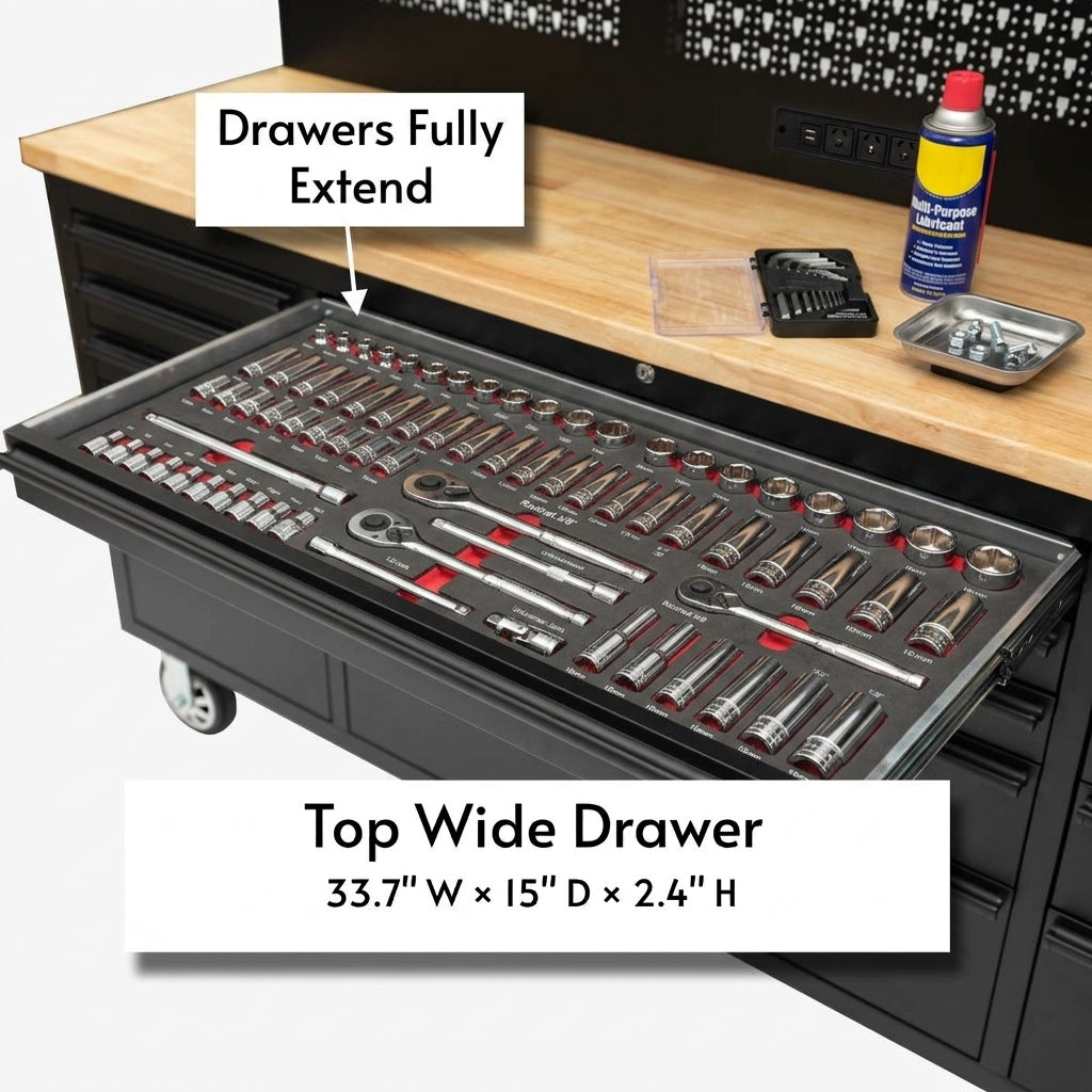 72 inch Rolling Tool Chest with Light & Power Strips, Workbench, Upper Cabinets & Pegboard