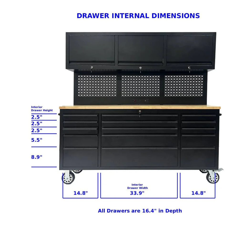 72 inch Rolling Tool Chest with Light & Power Strips, Workbench, Upper Cabinets & Pegboard